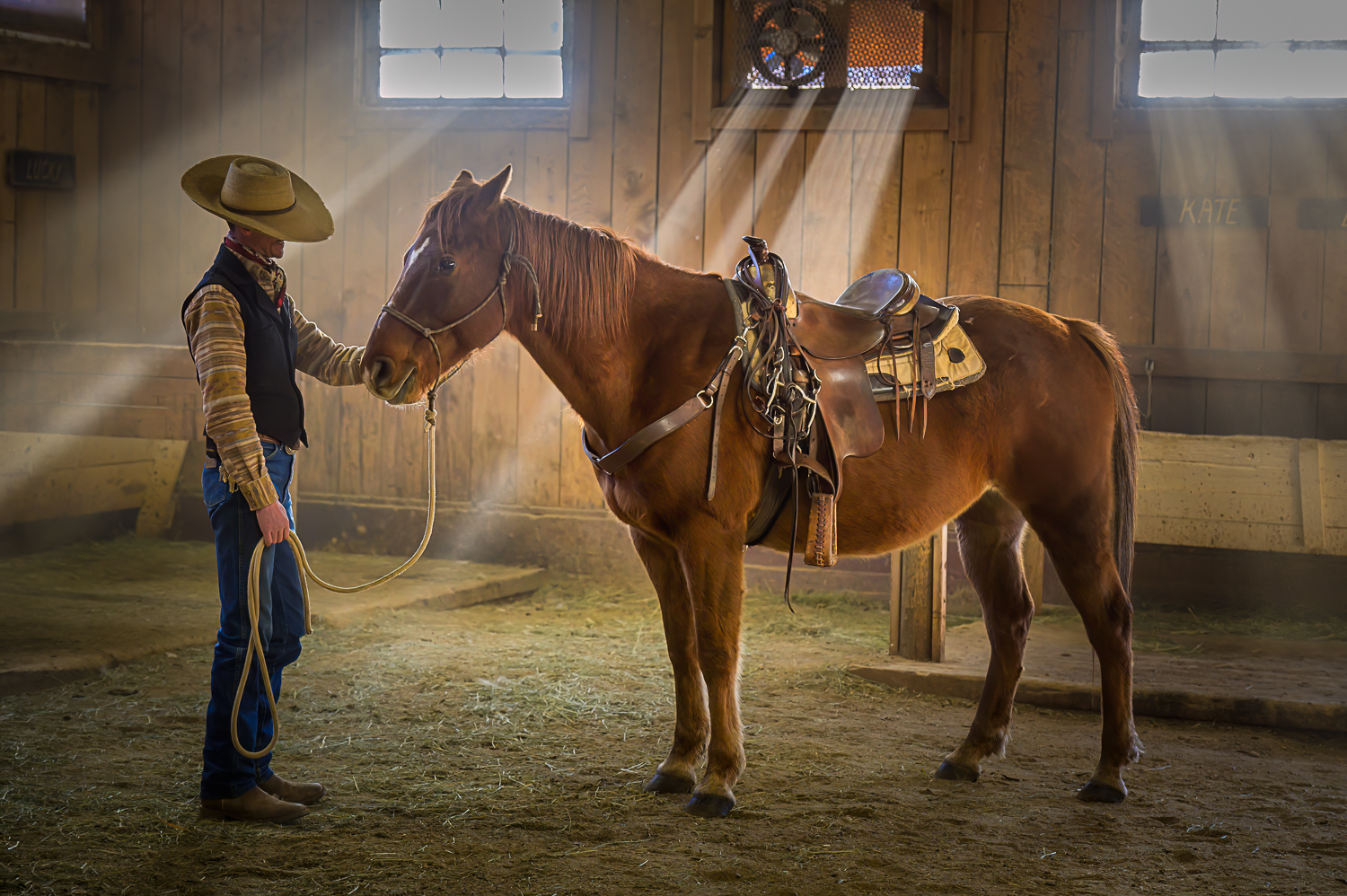 Cowboy facing brown horse, holding the reins. Rays of sunlight stream through the windows behind the man and horse.
