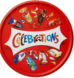 red tin displaying candy images and 'Celebrations'